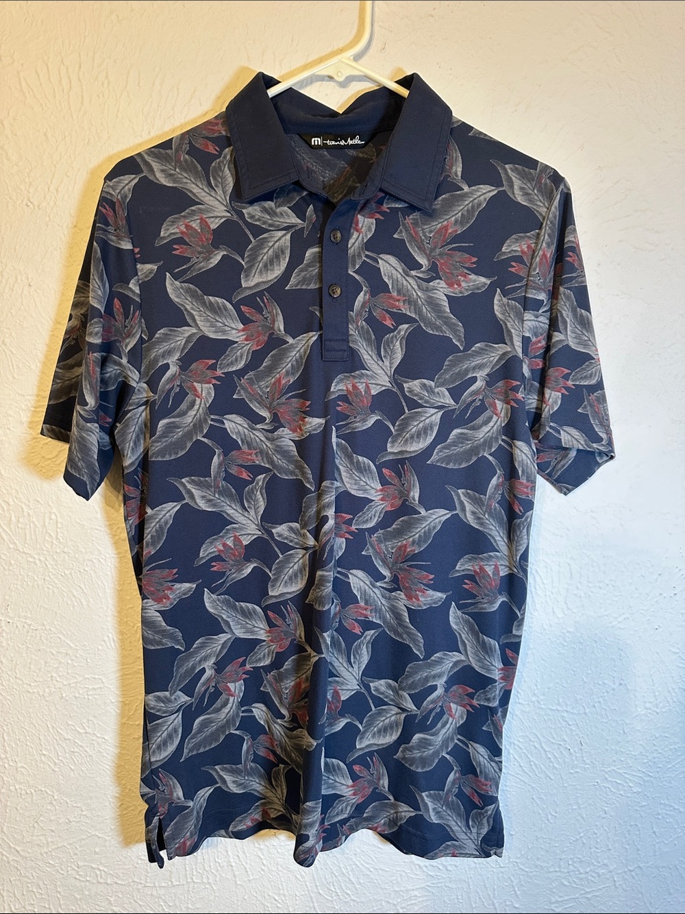 Travis Mathew Mens Floral Leaf Print Polo Shirt Navy Blue Pima Cotton Blend Sm